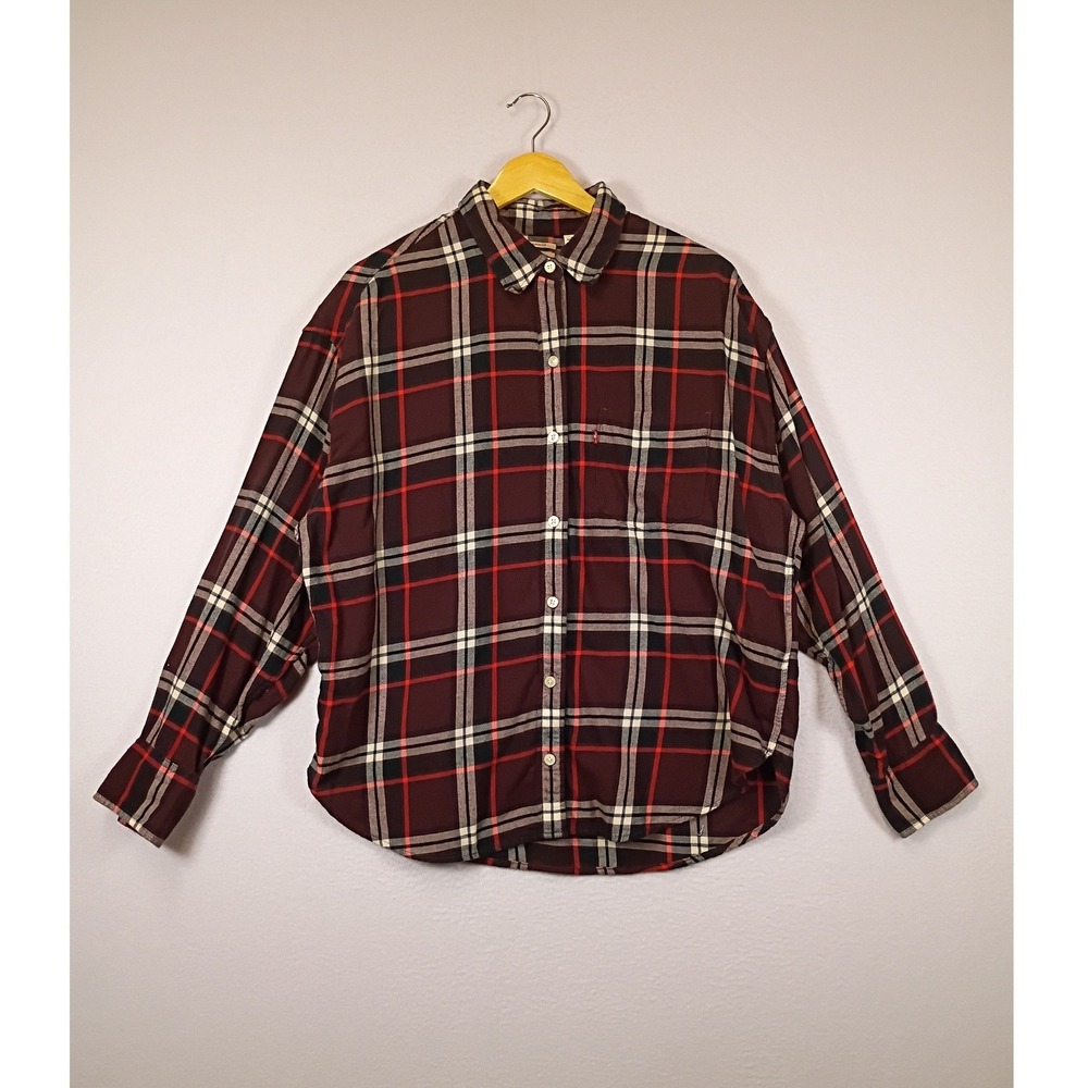 Grunge Plaid Levis Mens L Burgundy Relaxed Fit Long Sleeve Button Down Shirt